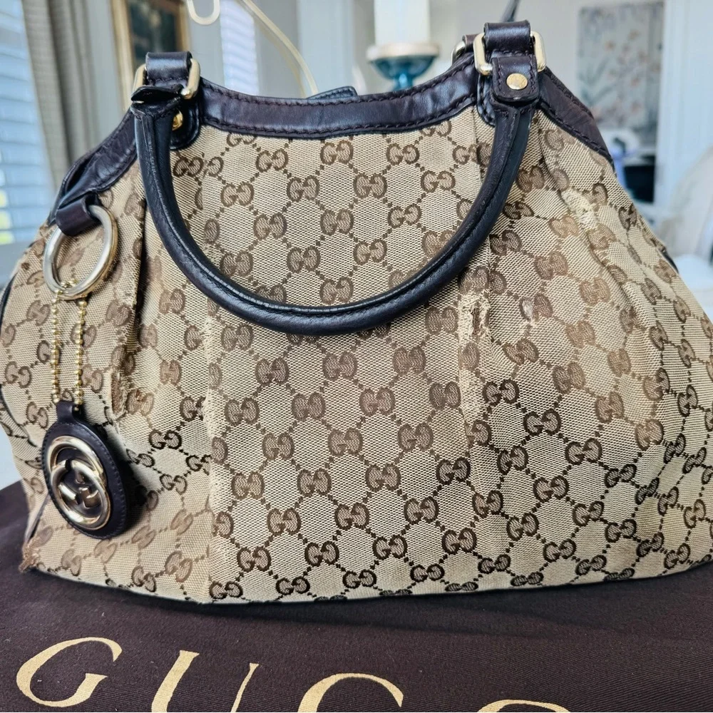 Gucci Beige and Brown GG Canvas Tote with Dark Brown Leather Trim